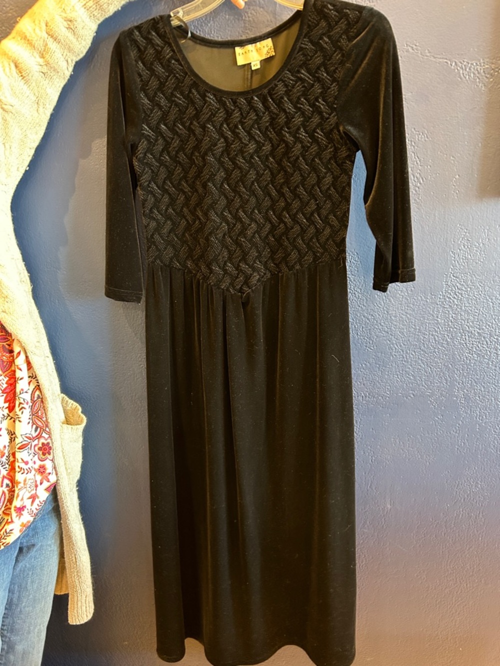 Black Velvet like Long Dress with Textured Bodice.